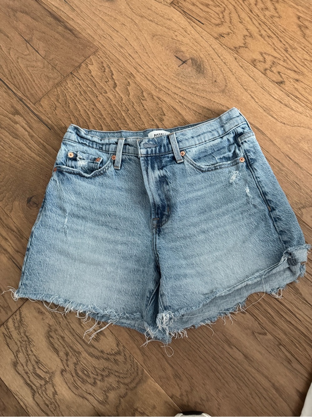 Pistola Light Wash Frayed Hem Denim Shorts